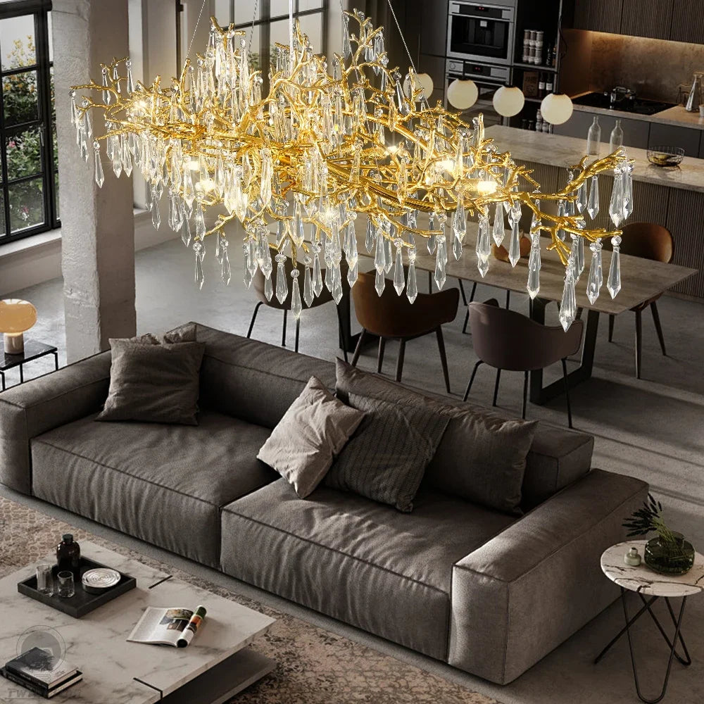 DecorBites™ ثريا كريستالية ذهبية - إضاءة طويلة عصرية فاخرة للمطبخ وغرفة الطعام والمعيشة وغرفة النوم