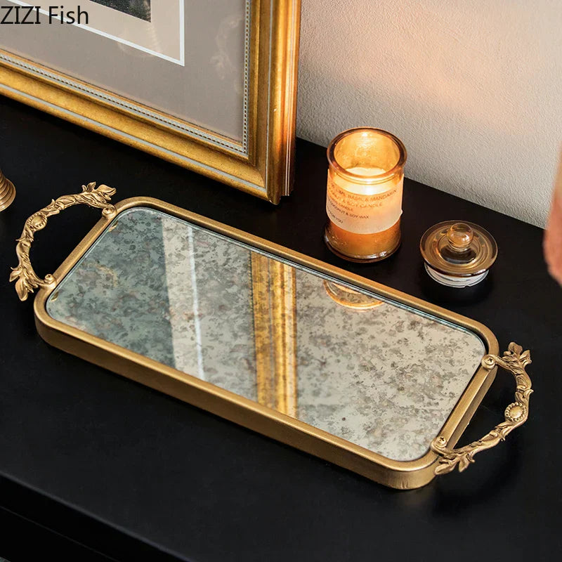 DecorBites™ Golden Glass Tray Branch Storage Cosmetics Organizer Jewelry Display Plate