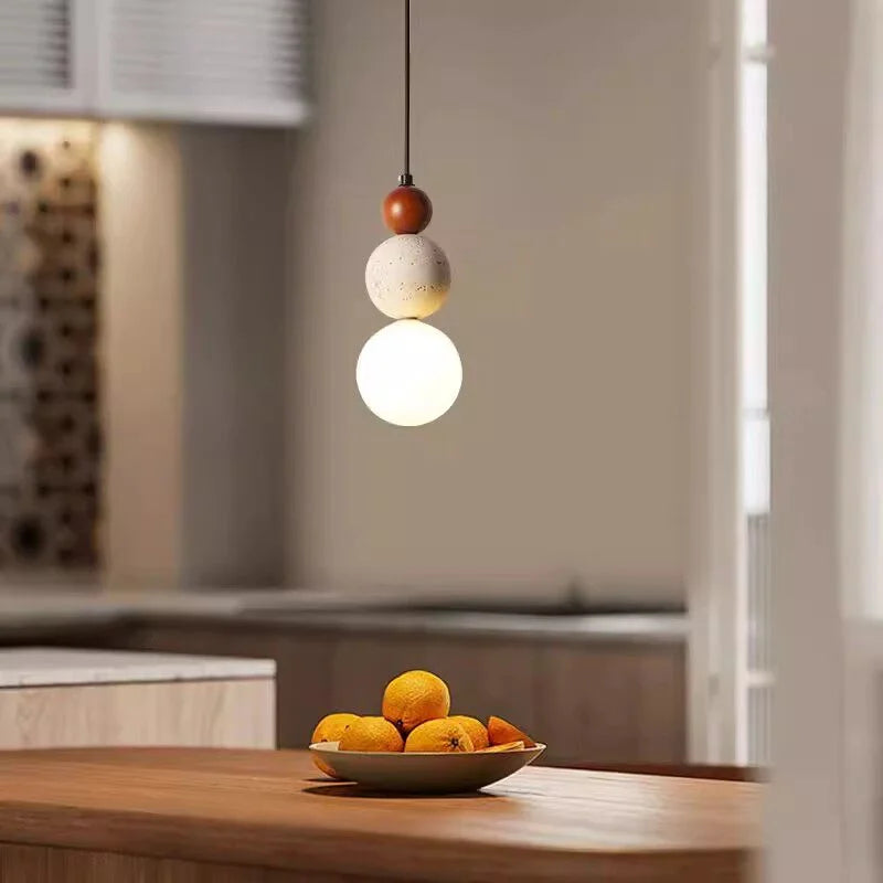 Travertine Stone and Wood Bauhaus Pendant Light