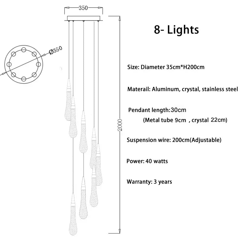 ثريا كريستالية ذهبية بتصميم قطرة من DecorBites™ بإضاءة LED للسلالم والردهات