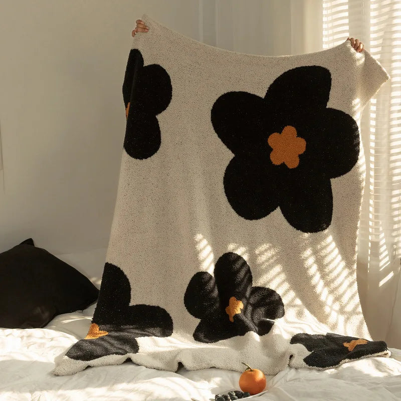 بطانية زهور كورية كاواي من DecorBites™: سجادة ناعمة لغرفة النوم، الأريكة، المكتب - بطانية رمي منسوجة مفردة
