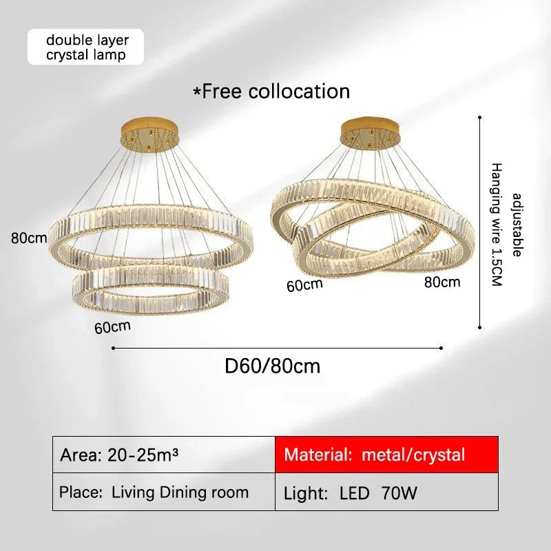 ثريا كريستال ذهبية من DecorBites™: هالة إضاءة LED فاخرة وعصرية بتصميم نورديك لغرفة المعيشة