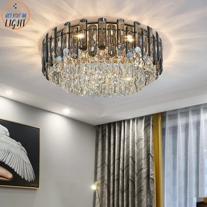 DecorBites™ Lustre en cristal doré pour salon, luminaire de luxe