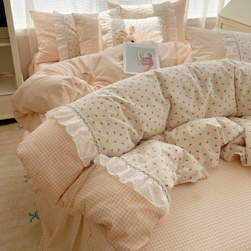 DecorBites™ Cotton Small Florals Princess Bedding Set - Queen Size - Duver Cover Bed Sheet Bed Skirt Pillowcases