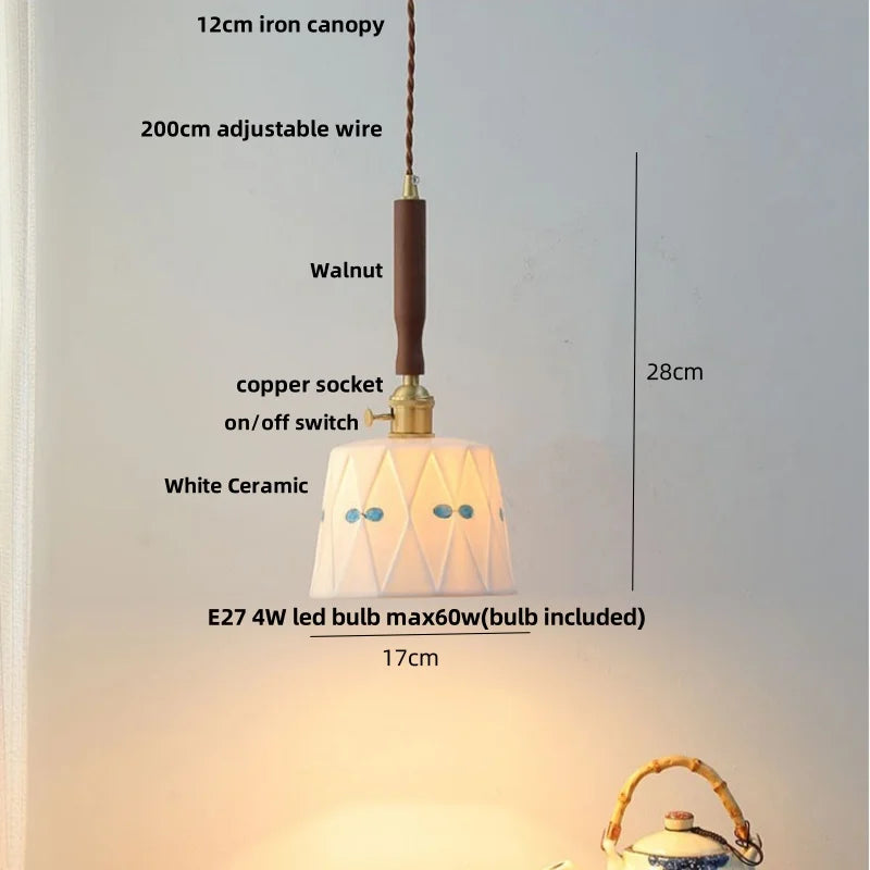 DecorBites™ Ceramic LED Pendant Lamp, Walnut Wood Nordic Hanging Light Fixtures