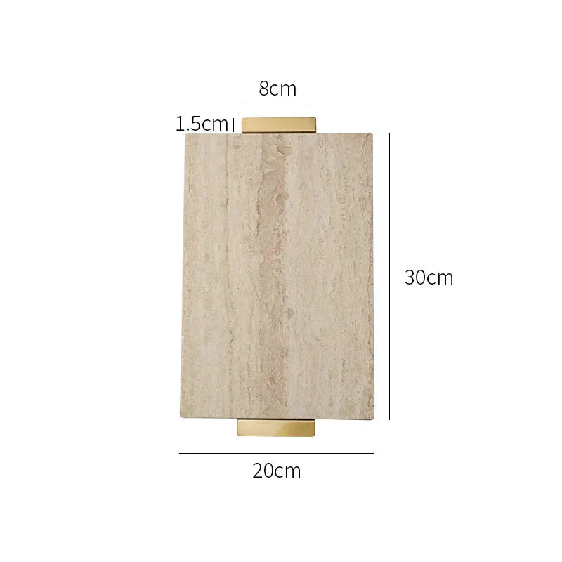 DecorBites™ Beige Travertine Stone Tray with Golden Metal Handle
