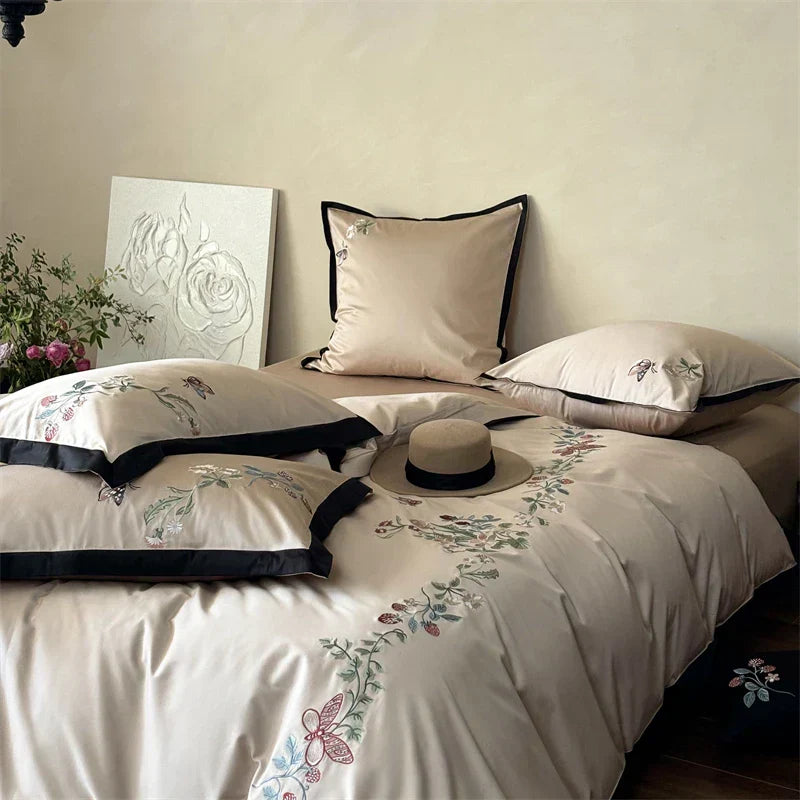 DecorBites™ 1000TC Cotton Butterfly Flowers Embroidery Bedding Set with Duvet Cover, Sheet, Pillowcases