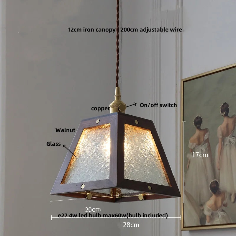 DecorBites™ Glass LED Pendant Lamp Walnut Wood Brass Hanging Lights