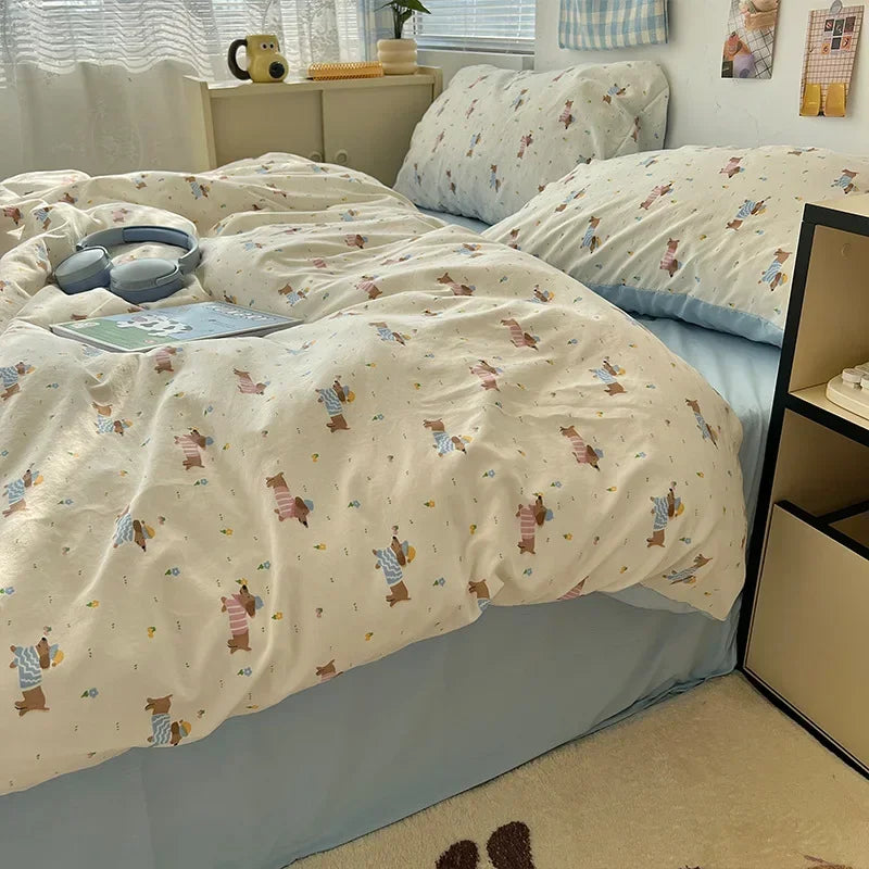 DecorBites™ Cute Cartoon Washed Cotton 4-Piece Bedding Set for Spring Soft Skin-Friendly Sheets