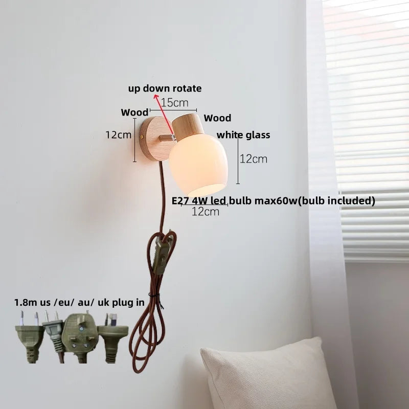 DecorBites™ Amber Glass LED Wall Sconce Nordic Modern Wood Pull Chain Switch Stair Light