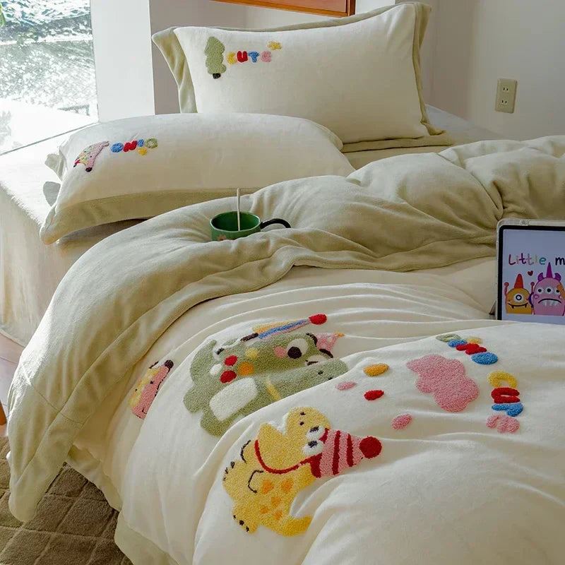 DecorBites™ Embroidered Milk Fleece Winter Bedding Set for Warmth & Cozy Comfort