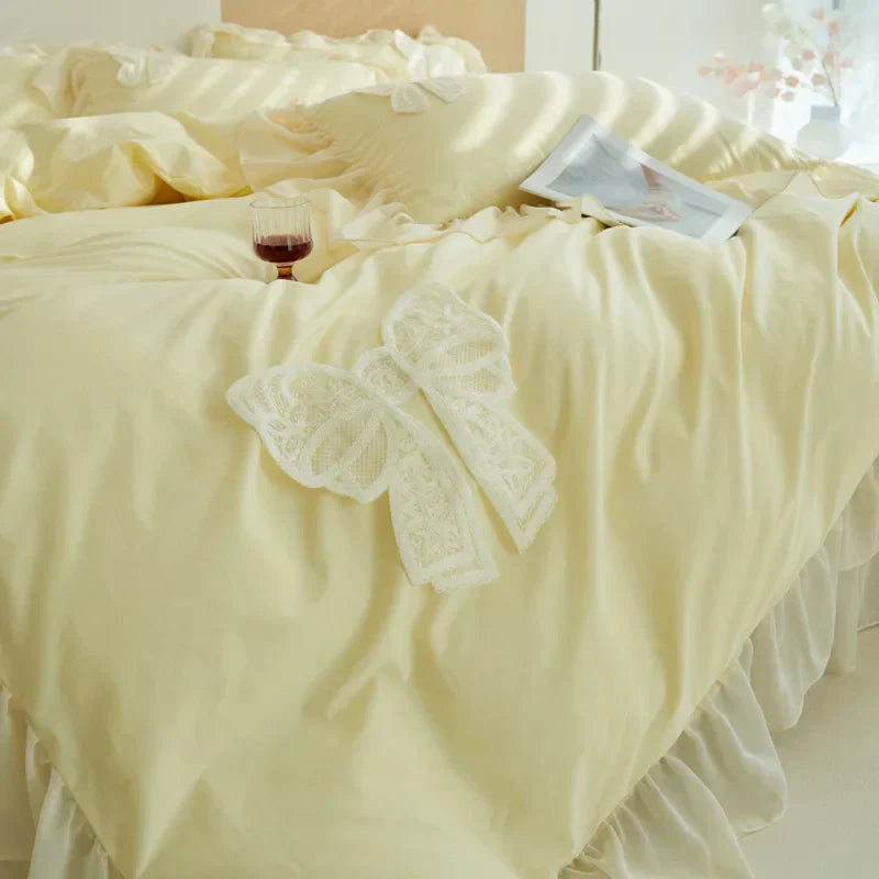 غطاء لحاف DecorBites™ الكوري من الدانتيل والكشكشة بحجم كوين مع تفاصيل فيونكة - تصميم فرنسي رومانسي