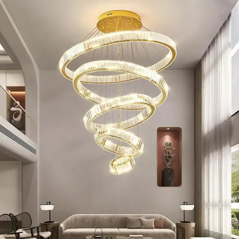 ثريا كريستال ذهبية من DecorBites™: هالة إضاءة LED فاخرة وعصرية بتصميم نورديك لغرفة المعيشة
