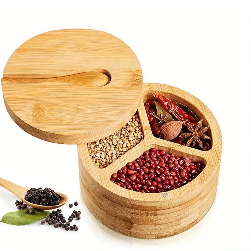 DecorBites™ Bamboo Seasoning Box with Spoon - Rotating Cover Spice Container