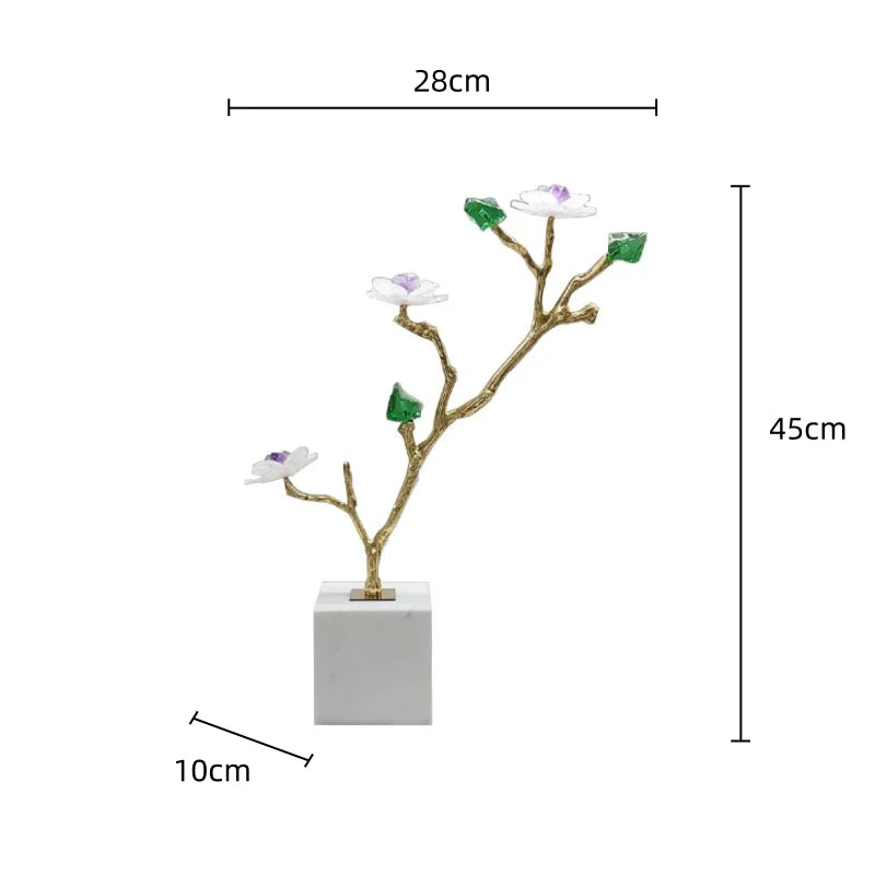 DecorBites™ Crystal Flower Tree Sculpture: Golden Branches Metal Figurine for Home Decor