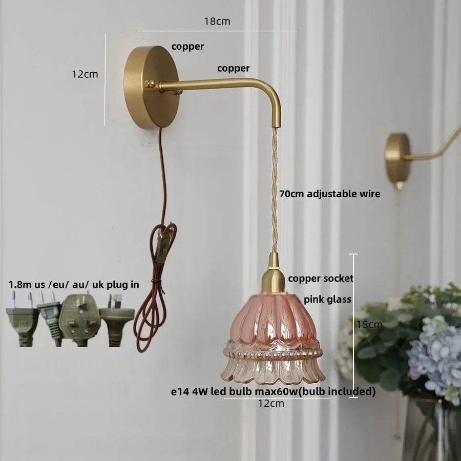 DecorBites™ Amber Glass LED Wall Light with Pull Chain Switch, Modern Nordic Flower Wall Sconce