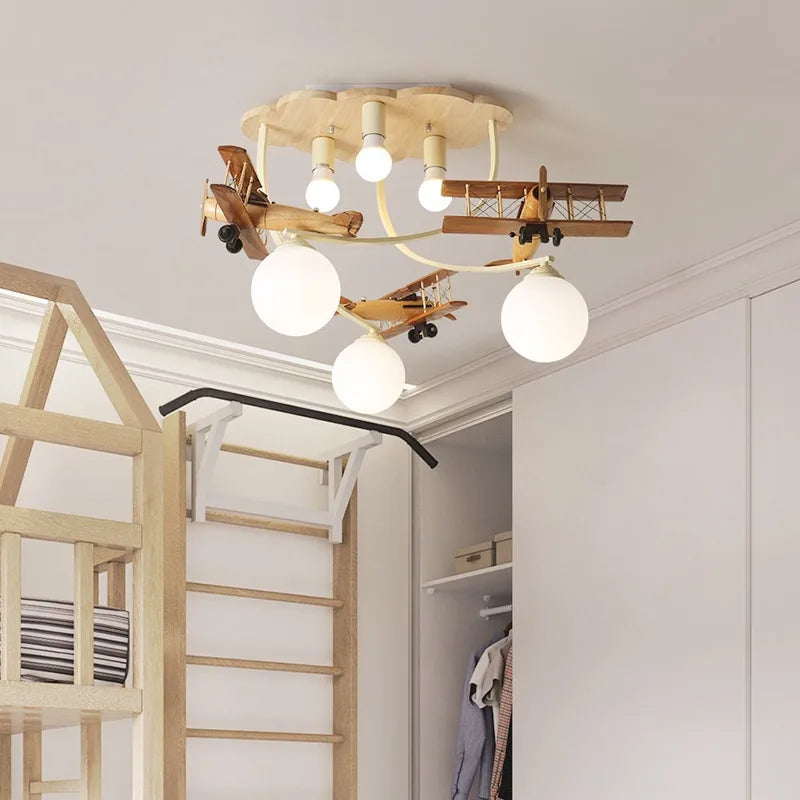 DecorBites™ Airplane LED Wooden Plane Chandelier for Kids Room, Boys Bedroom, Creative Lighting
