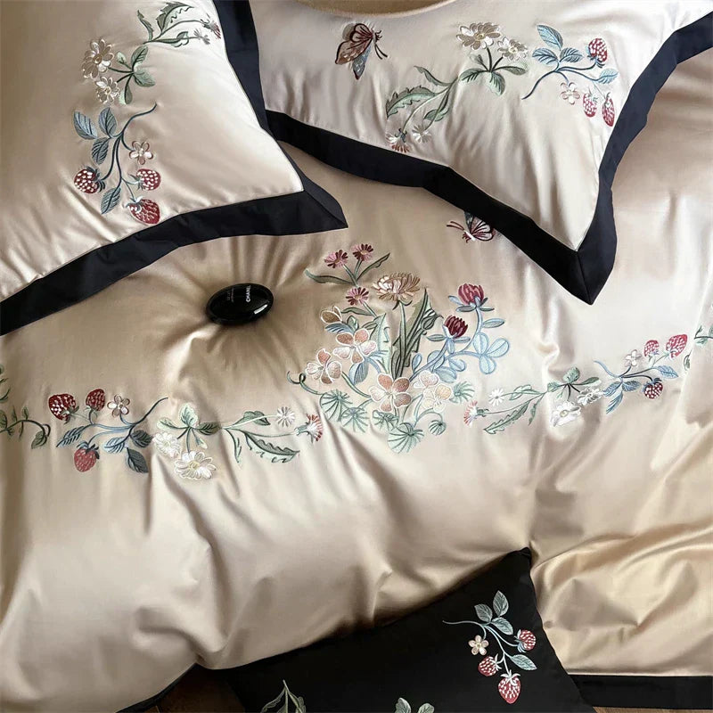 DecorBites™ 1000TC Cotton Butterfly Flowers Embroidery Bedding Set with Duvet Cover, Sheet, Pillowcases
