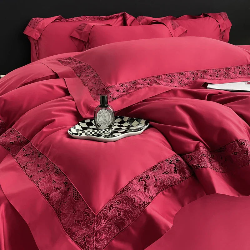 طقم مفروشات من 4 قطع بتصميم واسع مجوف من DecorBites™ مطرز بالدانتيل قطن مصري 1200TC