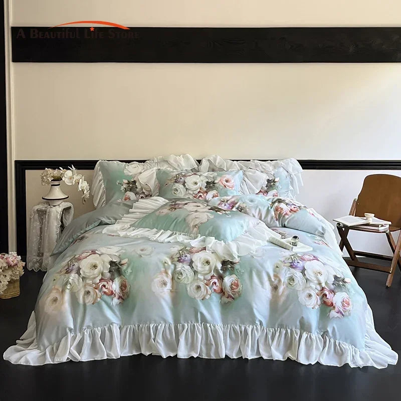 DecorBites™ French Flowers Lace Ruffles Bedding Set: Soft Silky Ice Silk for Single Queen King
