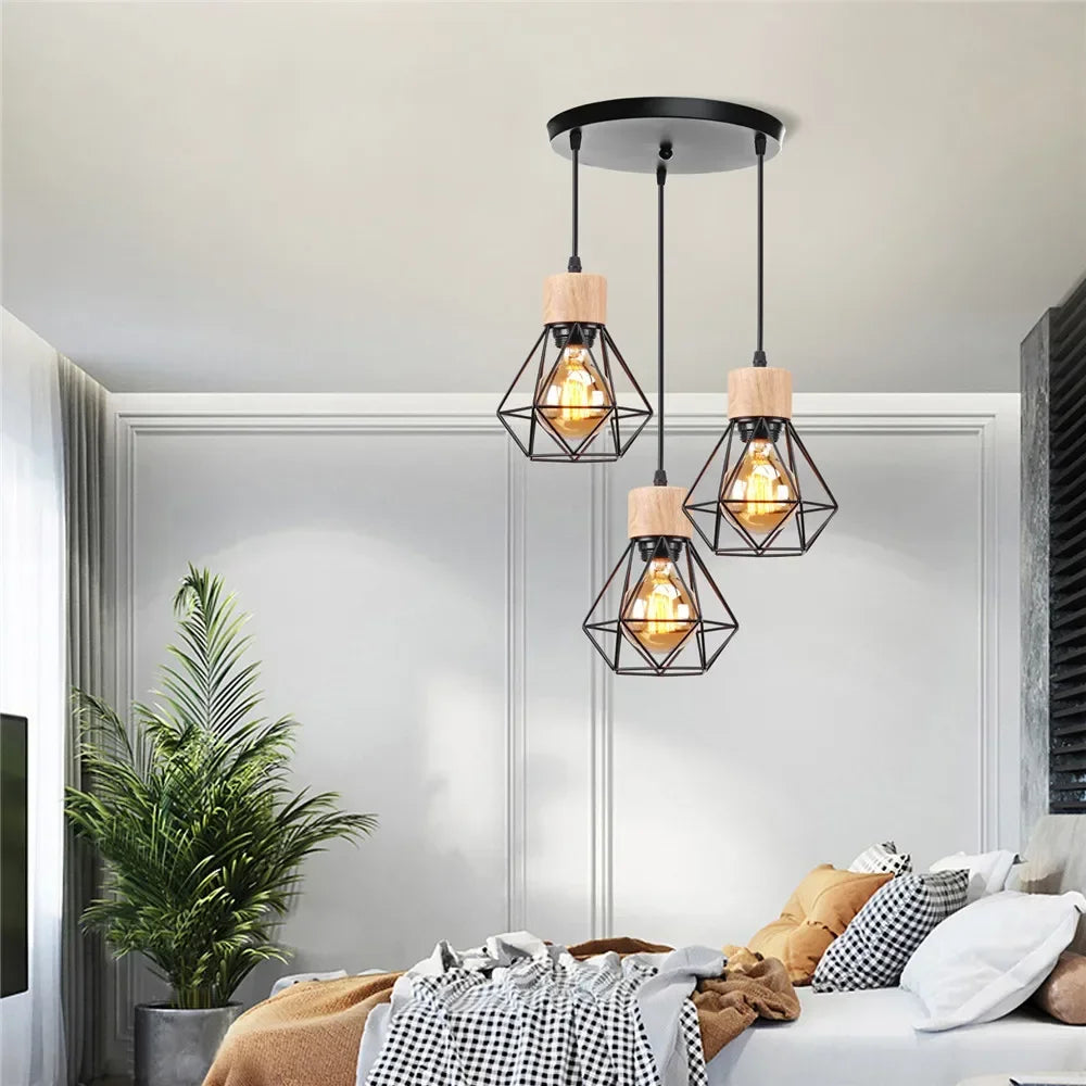 Vintage Black Wood and Iron Cage Pendant Light