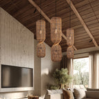 Vintage Hand-Woven Brown Rattan Cylinder Pendant Light