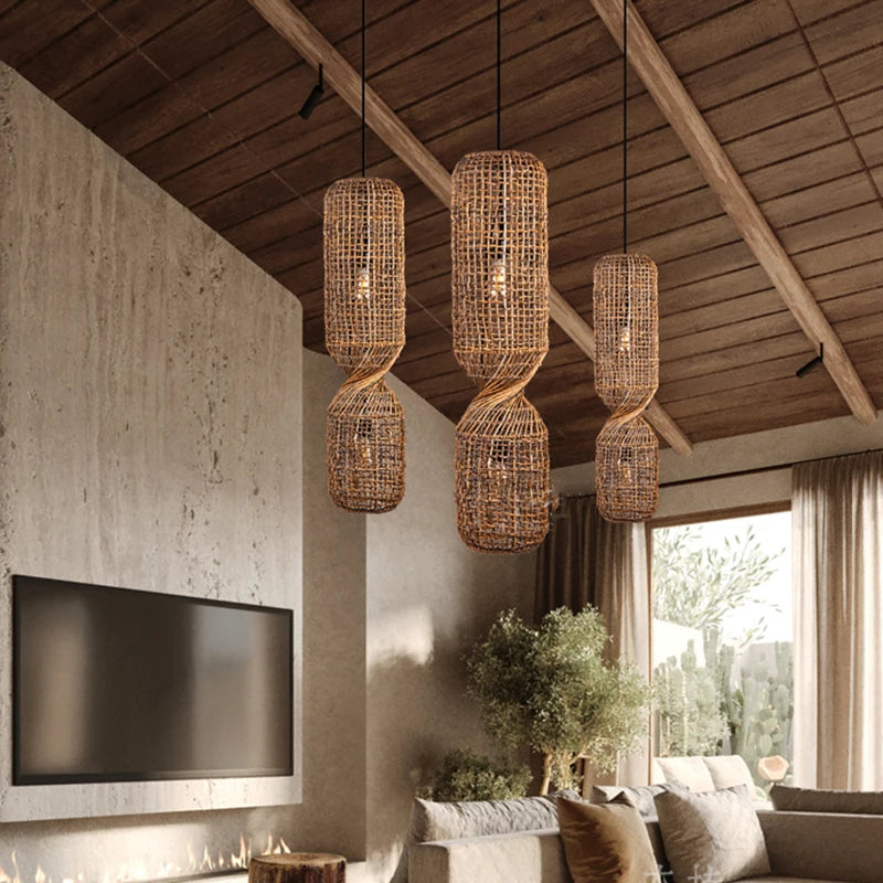 Vintage Hand-Woven Brown Rattan Cylinder Pendant Light