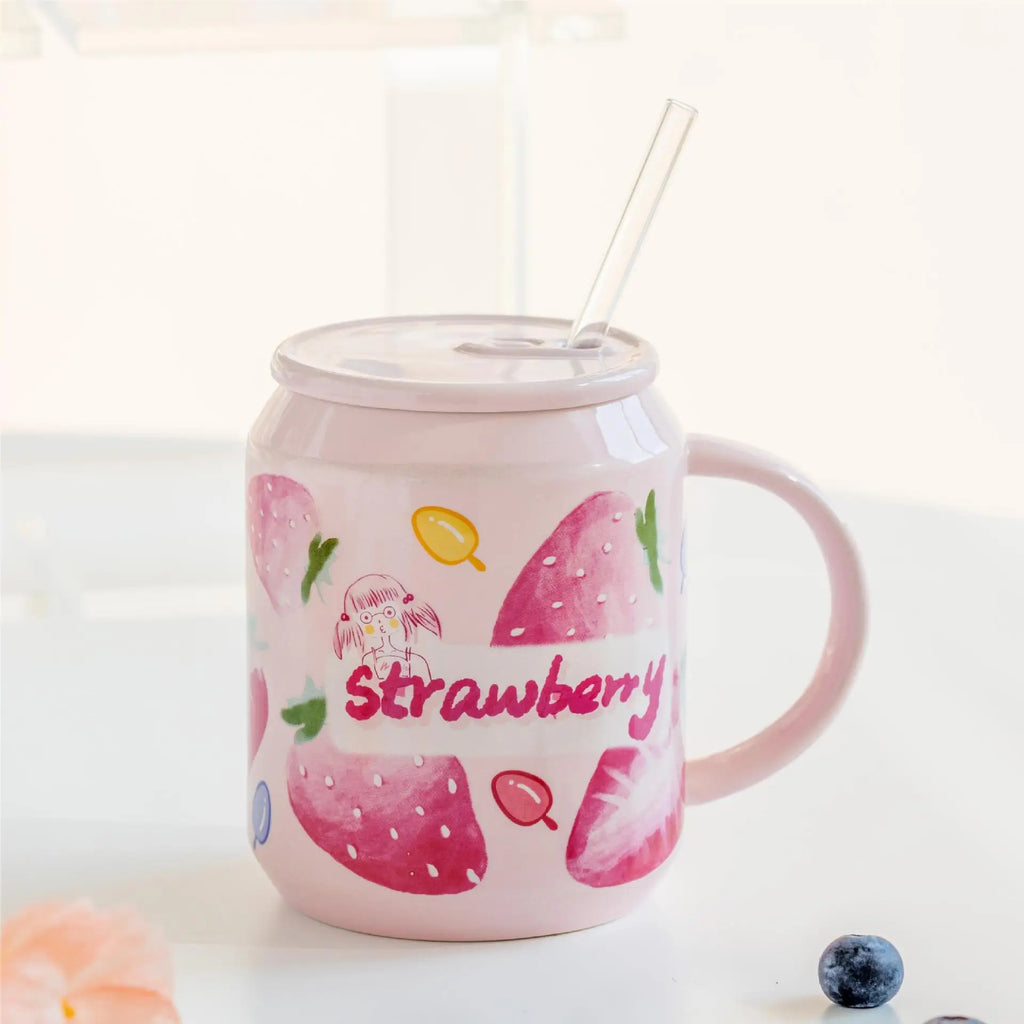 DecorBites™ Fruit Shape Ceramic Mug with Lid and Straw, Cute Korean Style Design