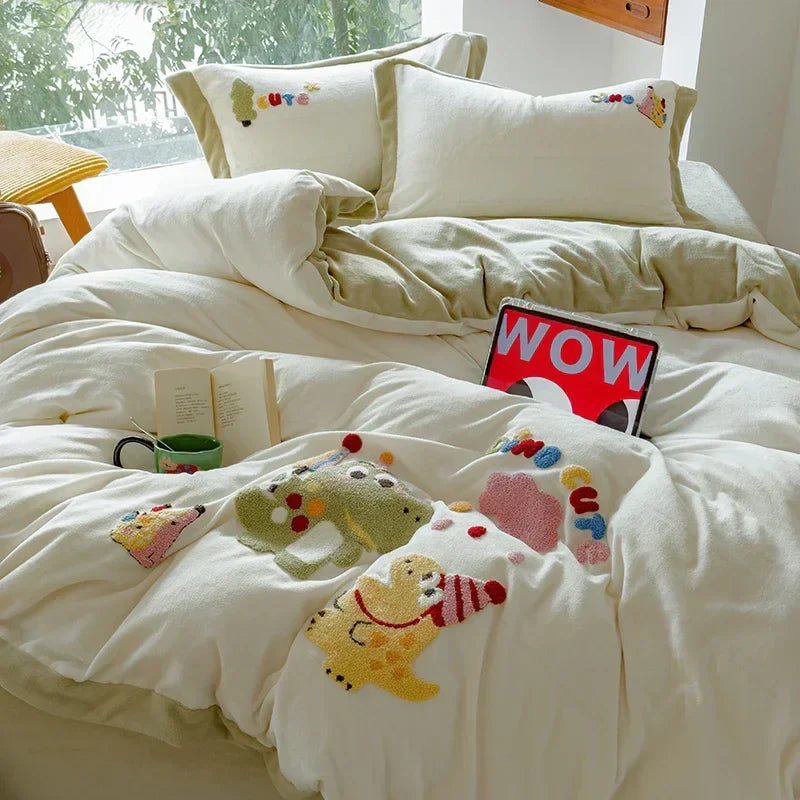 DecorBites™ Embroidered Milk Fleece Winter Bedding Set for Warmth & Cozy Comfort