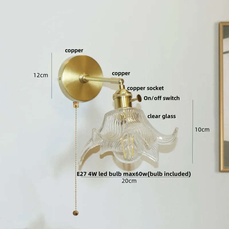 DecorBites™ Clear Glass LED Wall Sconce, Modern Rotating Bedside Lamp with Pull Chain & Copper Socket