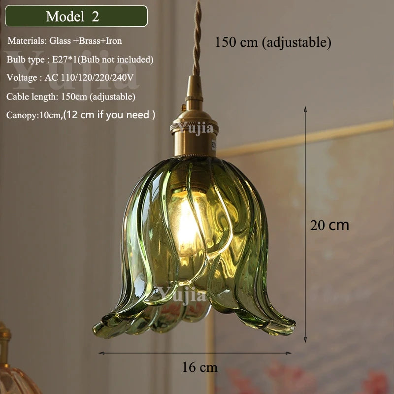 Vintage Green Glass Pendant Light With Brass Finish