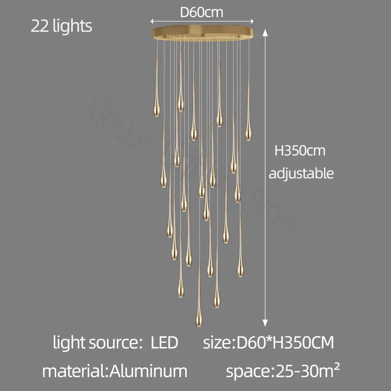 ثريا DecorBites™ الذهبية بإضاءة LED لغرفة المعيشة والسلالم في الفيلا الدوبلكس