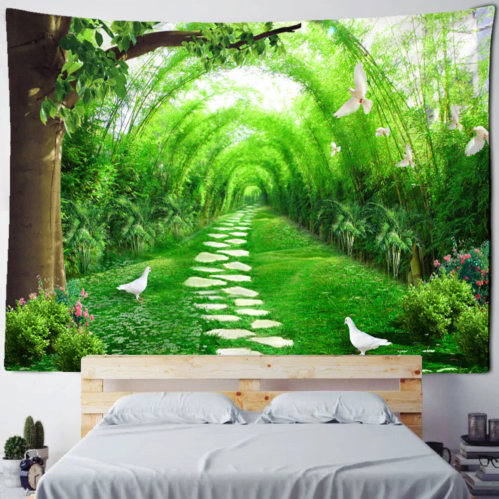 DecorBites™ Bamboo Forest Pigeon Path Tapestry: Hippie Psychedelic Wall Hanging for Natural Home Decor