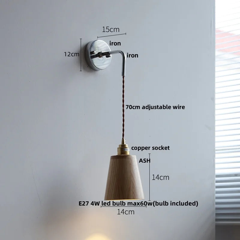 DecorBites™ Ash Wood LED Wall Light with Pull Chain Switch, Japanese Style Bedside Lamp
