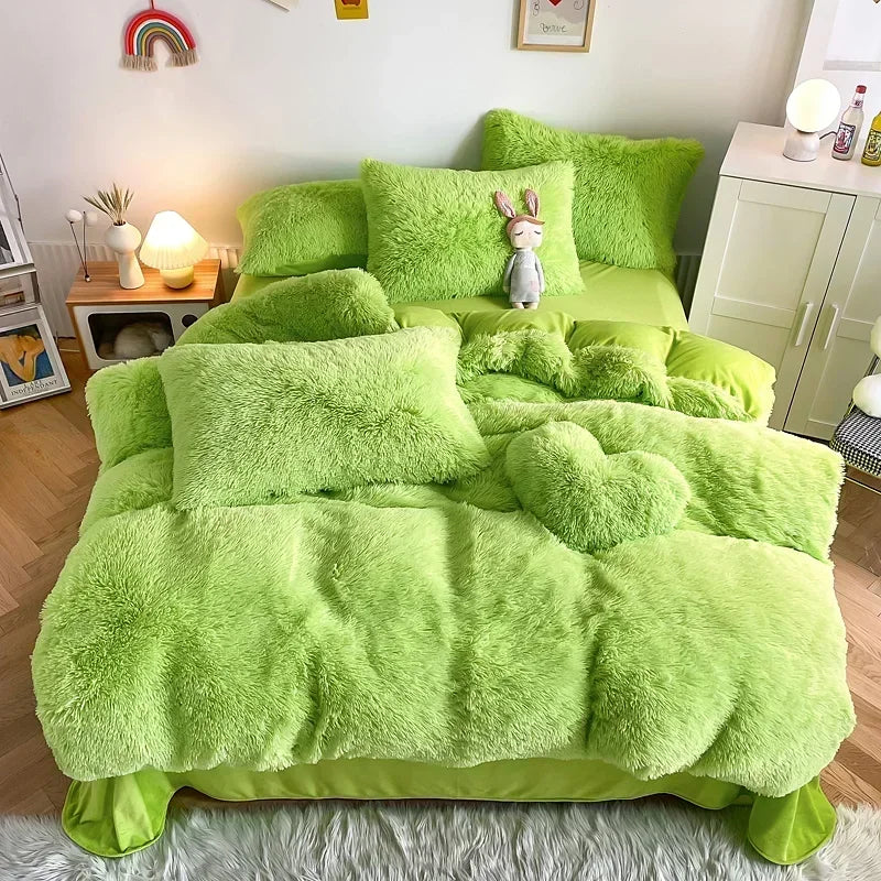 DecorBites™ Fluffy Faux Fur Bedding Set: Duvet Cover, Sheet, Pillowcase - Soft & Warm
