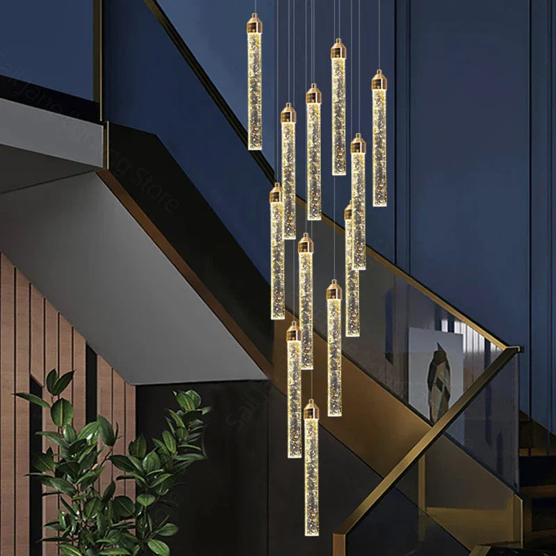 DecorBites™ Crystal Staircase Chandelier LED Modern Interior Designer Gold Attic Lamps
