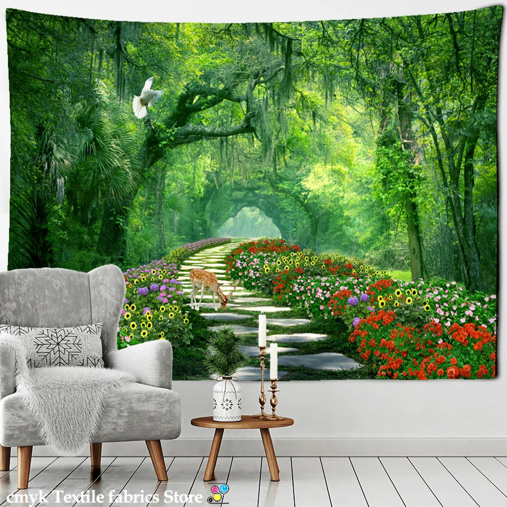 DecorBites™ Bamboo Forest Pigeon Path Tapestry: Hippie Psychedelic Wall Hanging for Natural Home Decor