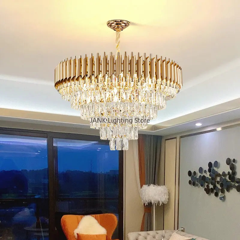 مصباح تعليق LED من DecorBites™ ذهبي كريستالي: مصباح تعليق فاخر عصري لغرفة المعيشة والمطعم