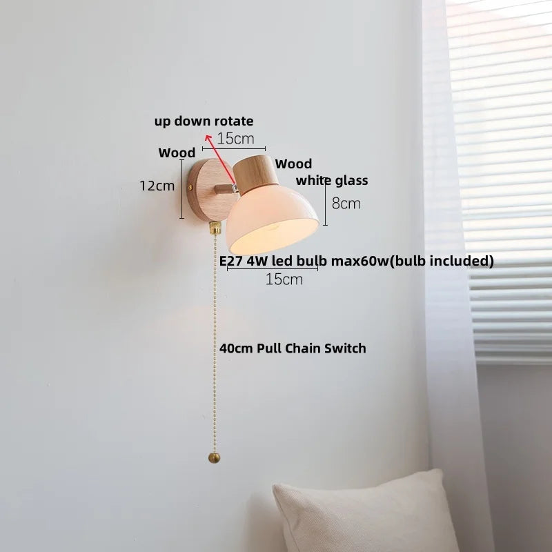 DecorBites™ Amber Glass LED Wall Sconce Nordic Modern Wood Pull Chain Switch Stair Light