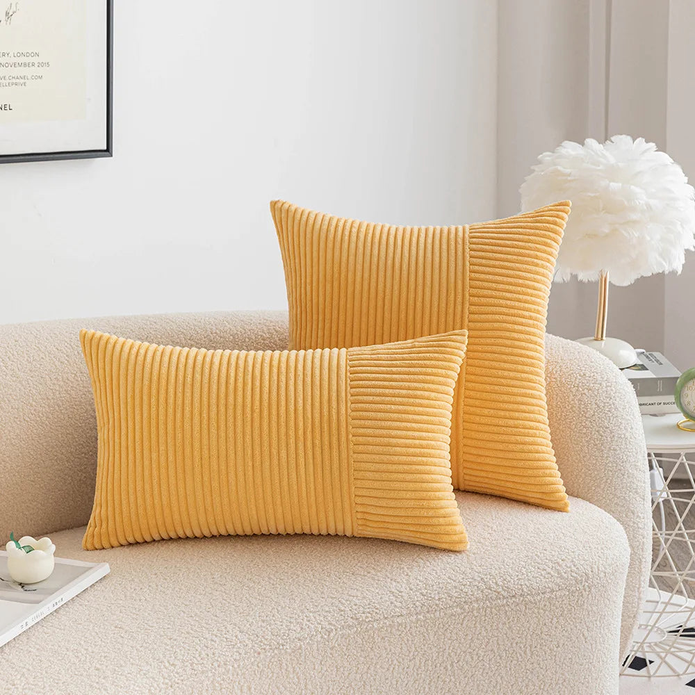 DecorBites™ Corduroy Striped Patchwork Throw Pillow Covers Set, Farmhouse Style Yellow Classic Pillowcases