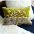 DecorBites™ Bamboo Embroidered Fringed Velvet Lumbar Pillow Cover 30x50cm Luxurious Artistic Oriental Style