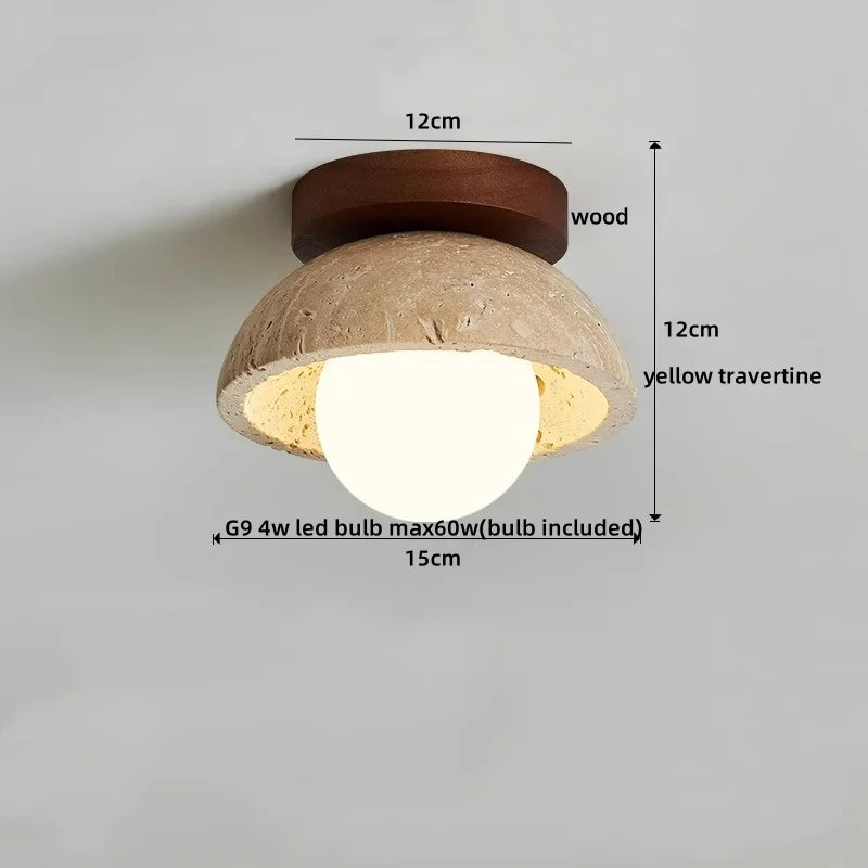 مصباح سقف LED على الطراز الياباني من DecorBites™ بقاعدة خشبية وحجر الترافرتين الأصفر لغرفة النوم.