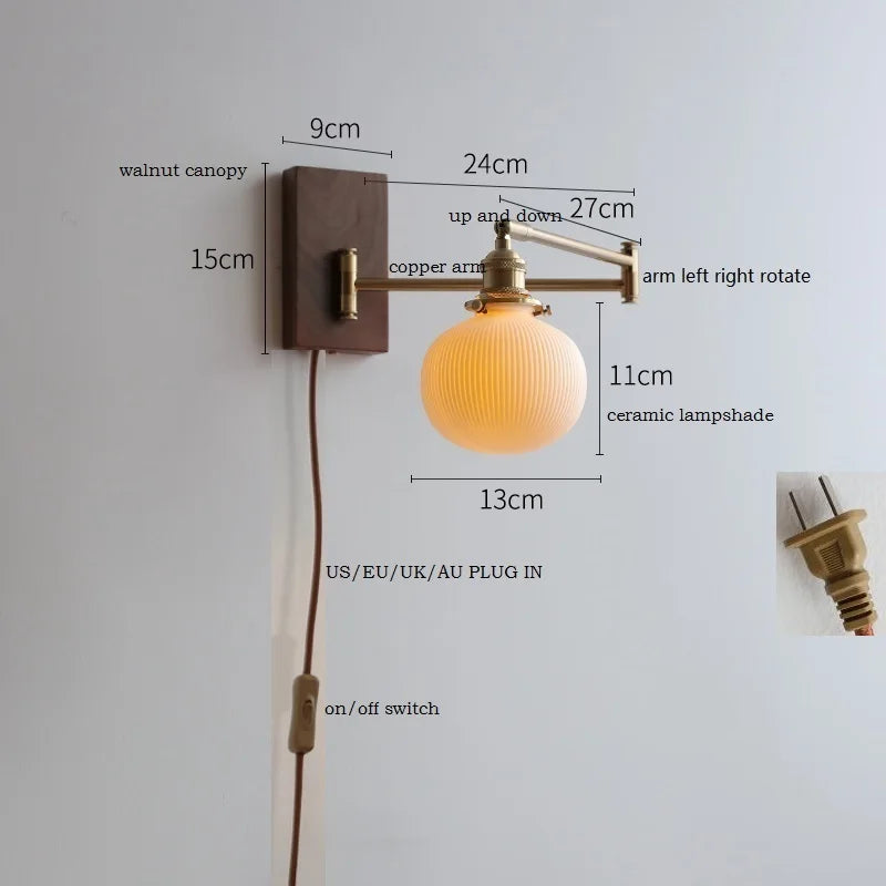 DecorBites™ Clear Glass Copper LED Wall Light with Pull Chain Switch & Walnut Wood Canopy