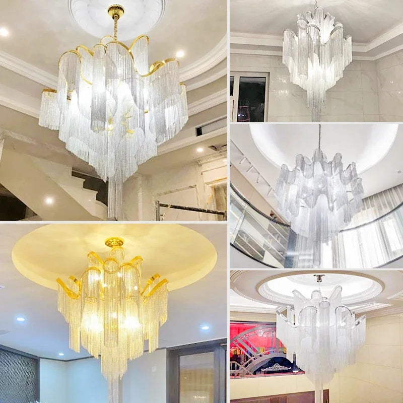 DecorBites™ Fringed Chandelier: Silver & Gold Aluminium Chain Pendant Light for Luxe Home & Hotel Decor
