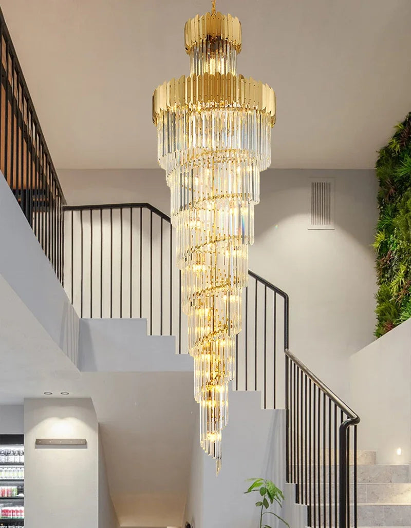 DecorBites™ Golden Luxury Spiral Crystal Chandelier for Multi-Story Staircases