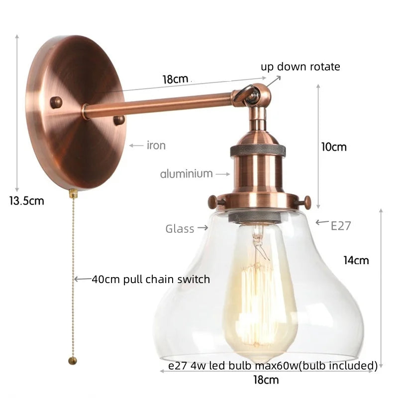 DecorBites™ مصابيح حائط LED من الحديد الأسود بتصميم صناعي مع مفتاح سحب لغرف النوم وغرف الطعام واللوفت