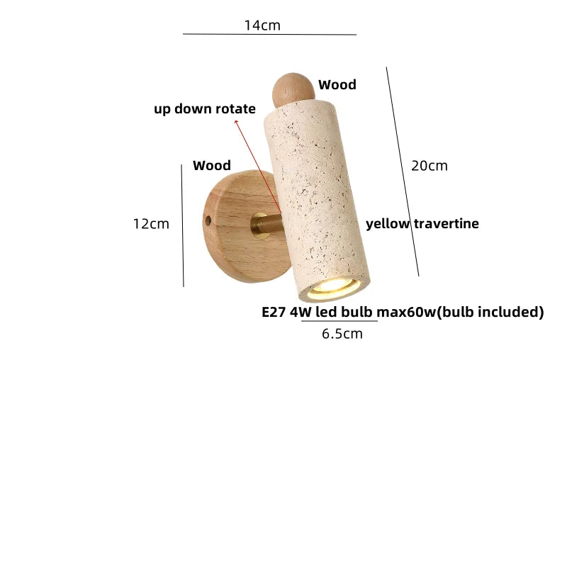 DecorBites™ LED Wall Sconce Yellow Travertine Stone Wood Nordic Modern Rotate Bedside Lamp