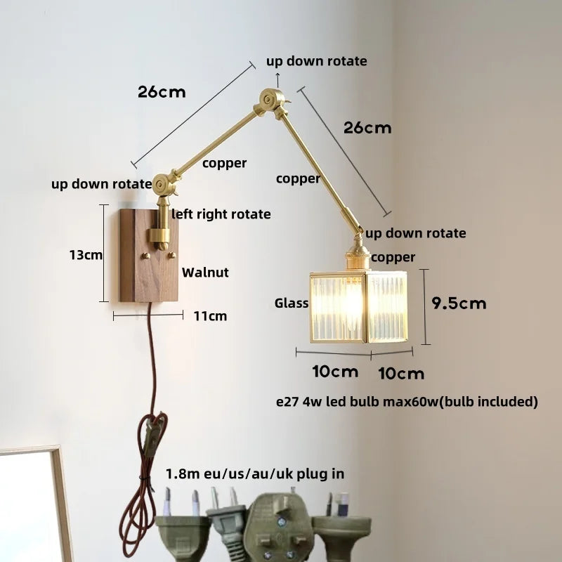 DecorBites™ LED Walnut Wood Cube Glass Wall Light with Pull Chain Switch