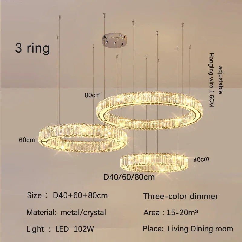 ثريا كريستال ذهبية من DecorBites™: هالة إضاءة LED فاخرة وعصرية بتصميم نورديك لغرفة المعيشة