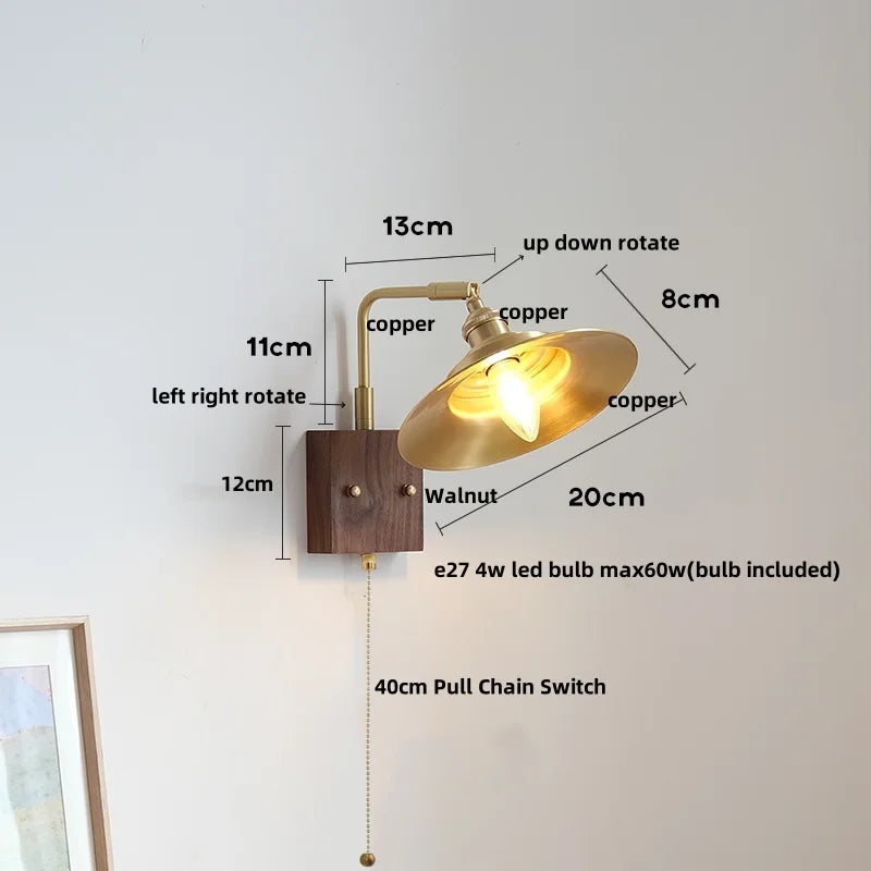 DecorBites™ LED Wall Light Walnut Wood Rotate Copper Bedside Lamp